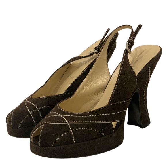 Prada brown suede peep toe platform sandal with Ivory stitching. - Picture 2 of 4